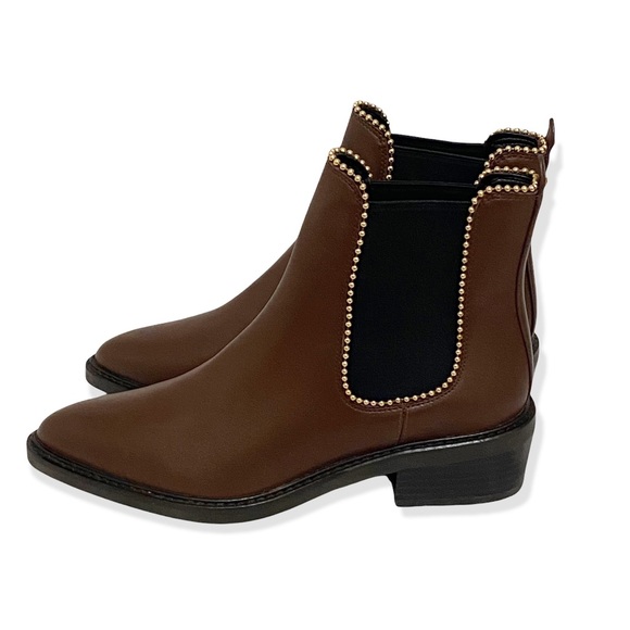 Coach Shoes - COACH Bowery Chelsea Block Beaded Heel Ankle Boots, Genuine Leather Brown 6B